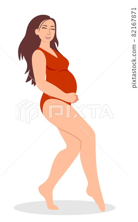 Pregnancy. A modern poster with a cute pregnant woman in a red swimsuit. Pregnancy. A modern poster with a cute pregnant woman in a red swimsuit. 82167871