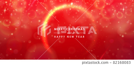 Red shine vector background with greeting text merry christmas and happy new year in golden glitter circle. Abstract elegant shining luxury bokeh concept. Gold lights, glowing particles, fog backdrop Red shine vector background with greeting text merry christmas and happy new year in golden glitter circle. Abstract elegant shining luxury bokeh concept. Gold lights, glowing particles, fog backdrop 82168083
