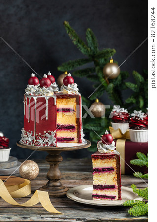 Christmas holiday cake decorated with sweet balls and snowflakes 82168244