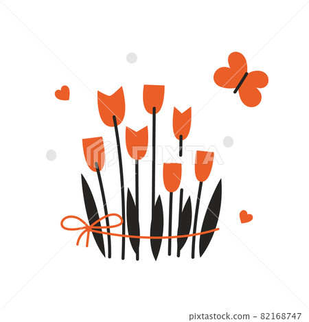 Tulip flowers vector clipart. Isolated illustrations of tulips hearts butterfly. Flat style. Spring romantic design. International women day Tulip flowers vector clipart. Isolated illustrations of tulips hearts butterfly. Flat style. Spring romantic design. International women day 82168747