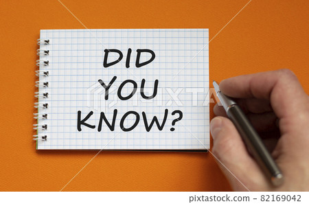 Did you know symbol. Businessman writing words 'Did you know' on white note. Beautiful orange background. Business and did you know concept. Copy space. 82169042