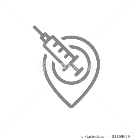 Medical syringe with location line icon. Injection, population vaccination center, vaccination information, worldwide immunity symbol 82169659