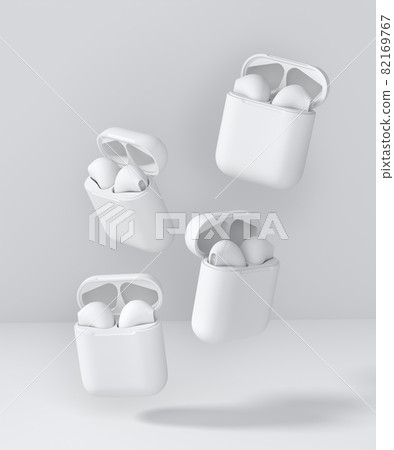 Set of monochrome wireless bluetooth headphones in charging case on white Set of monochrome wireless bluetooth headphones in charging case on white 82169767