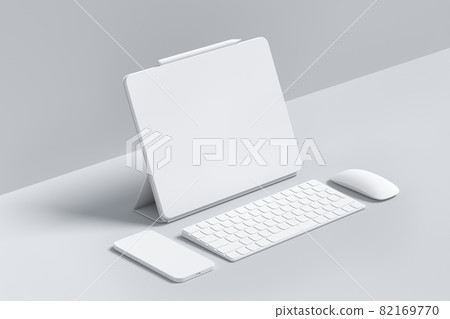 Monochrome computer tablet with keyboard, mouse and phone isolated on white Monochrome computer tablet with keyboard, mouse and phone isolated on white 82169770