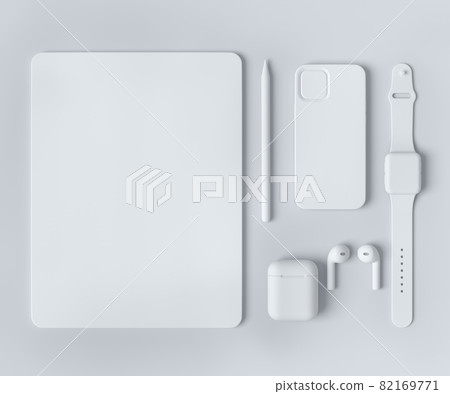 Monochrome computer tablet with stylus, smartwatch, phone and headphone on white 82169771