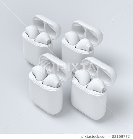 Set of monochrome wireless bluetooth headphones in charging case on white Set of monochrome wireless bluetooth headphones in charging case on white 82169772