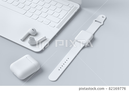 Realistic monochrome laptop with smart watch, headphones and phone on white Realistic monochrome laptop with smart watch, headphones and phone on white 82169776