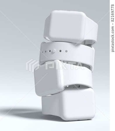 Stack of monochrome smart watches with colorful straps on white background. Stack of monochrome smart watches with colorful straps on white background. 82169778