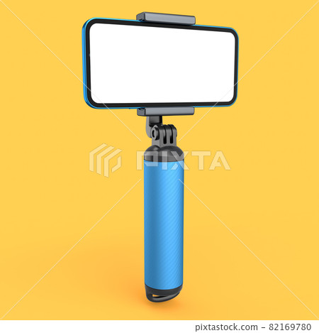 Realistic smartphone with blank white screen and selfie stick isolated on orange 82169780