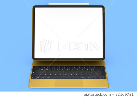 Computer tablet with gold keyboard and blank screen isolated on blue background. Computer tablet with gold keyboard and blank screen isolated on blue background. 82169781