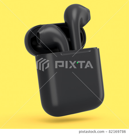 Wireless bluetooth headphones in black case isolated on yellow background Wireless bluetooth headphones in black case isolated on yellow background 82169786