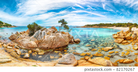 Panoramic view of Capriccioli beach in Costa Smeralda. 82170267