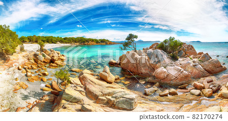 Panoramic view of Capriccioli beach in Costa Smeralda. 82170274