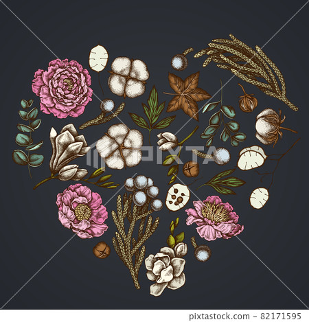 Heart floral design on dark background with ficus, eucalyptus, peony, cotton, freesia, brunia Heart floral design on dark background with ficus, eucalyptus, peony, cotton, freesia, brunia 82171595
