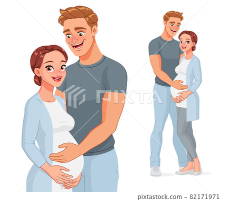 Happy man holding belly of his pregnant wife. Vector illustration. 82171971