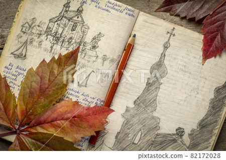 vintage expedition journal on a rustic picnic table 82172028