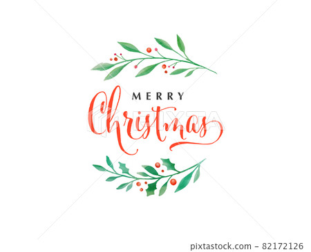 Merry Christmas background. Vector watercolor lettering design with elegant wreath illustration Merry Christmas background. Vector watercolor lettering design with elegant wreath illustration 82172126