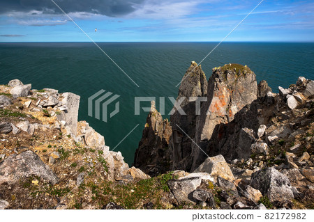 An epic view of the rocks and the vast expanses of the Arctic Ocean. 82172982
