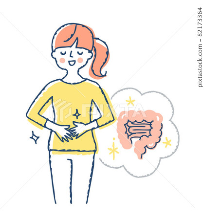 A smiling woman holding her hand on her stomach, an image of a healthy intestine A smiling woman holding her hand on her stomach, an image of a healthy intestine 82173364