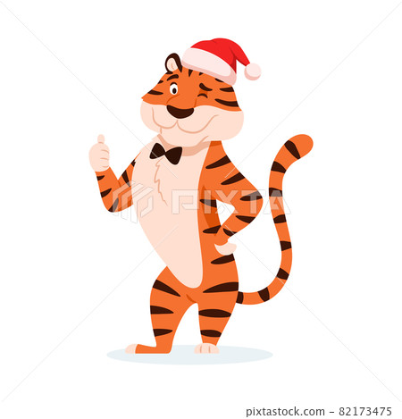 Cute cartoon tiger in Santa hat with ok hand gesture isolated on white background. Adorable winking holiday orange striped wildcat. Smiling Chinese New Year 2022 symbol. Animal vector illustration. 82173475