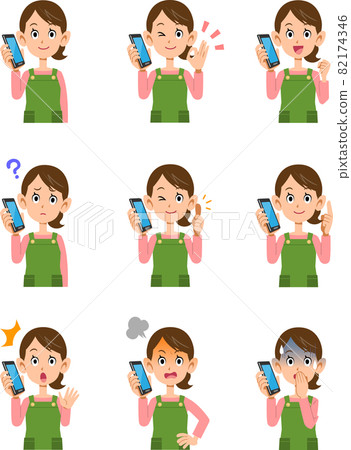 圍著圍裙玩手機的家庭主婦的九種手勢和表情 82174346