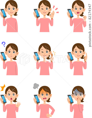 穿粉色針織衫的女人用手機說話的九種手勢和表情 82174347