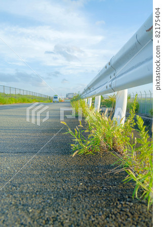 瀝青路面和路邊的雜草和護欄 瀝青路面和路邊的雜草和護欄 82175404