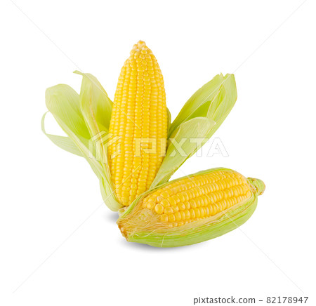 Fresh corn ears with leaves set isolated on white background Fresh corn ears with leaves set isolated on white background 82178947