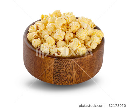 Popcorn in striped bucket on white background Popcorn in striped bucket on white background 82178950