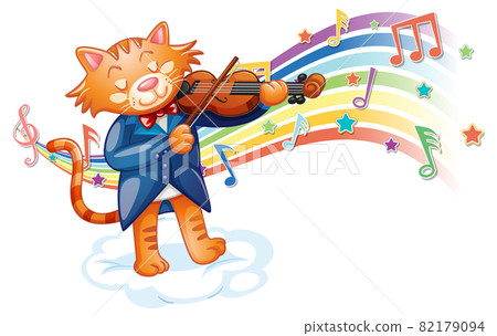 Cat playing violin with melody symbols on rainbow wave Cat playing violin with melody symbols on rainbow wave 82179094