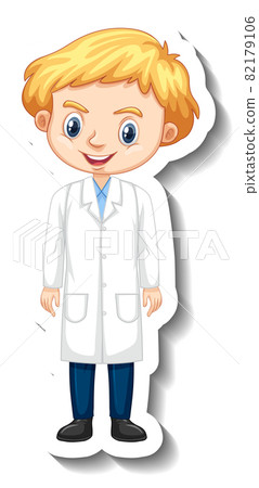 Cartoon character sticker with a boy in science gown 82179106