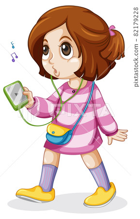 Cute girl in pink dress listening to music 82179228