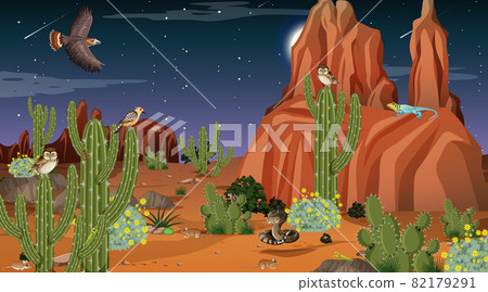 Desert forest landscape at night scene with desert animals and plants 82179291
