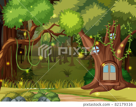 Enchanted forest background with tree house - Stock Illustration ...
