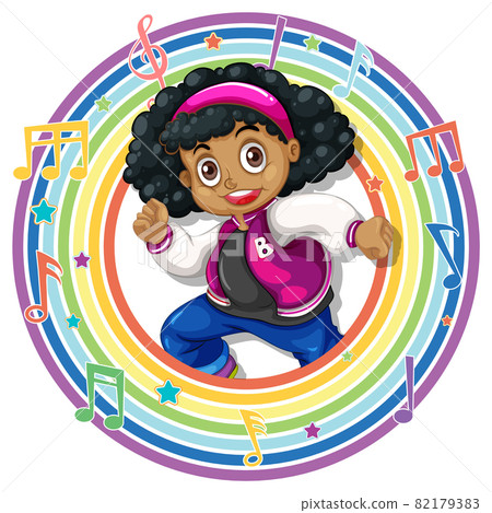 Girl in rainbow round frame with melody symbols 82179383