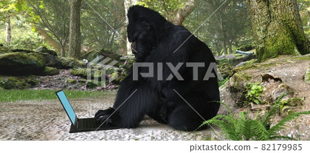 Gorilla with laptop in forest concept 3d illustration Gorilla with laptop in forest concept 3d illustration 82179985
