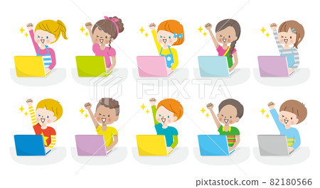 Illustrations of children from all over the world operating computers with a smile 82180566