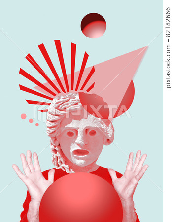 Contemporary collage of surprised statue head 82182666