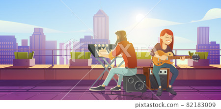 Singer woman playing guitar on building rooftop 82183009