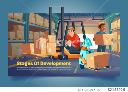 Warehouse workers and robot load boxes on racks 82183026