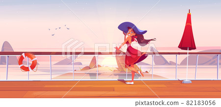 Beautiful girl on cruise ship deck or quay at dawn Beautiful girl on cruise ship deck or quay at dawn 82183056