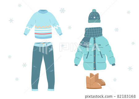 winter clothing set consisting of red winter jacket, clothes for woman, pants, shoes, hat, glove, sweater. colorful clothes, bright warm clothing, clothing store. Flat vector. hand drawn illustration winter clothing set consisting of red winter jacket, clothes for woman, pants, shoes, hat, glove, sweater. colorful clothes, bright warm clothing, clothing store. Flat vector. hand drawn illustration 82183168