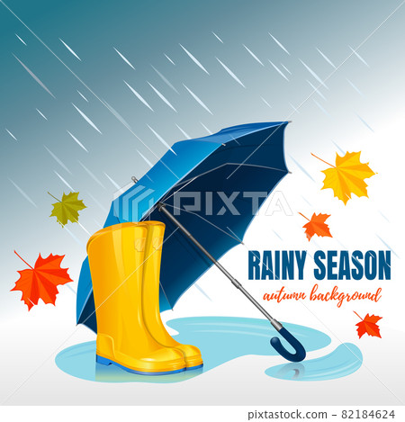 Blue Umbrella and rubber boots. Rainy season Blue Umbrella and rubber boots. Rainy season 82184624