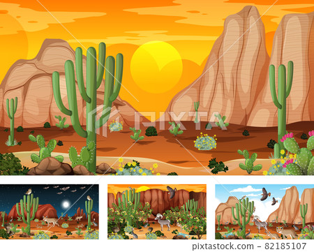 Different scenes with desert forest landscape with animals and plants Different scenes with desert forest landscape with animals and plants 82185107