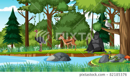 Forest scene with different wild animals 82185376