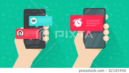 Online reminder important alarm clock notice on mobile cell phone and chat with chatbot messages text notifications on cellphone in person man hand, sms digital electronic bubble speeches push vector 82185448