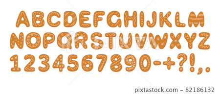 Alphabet of gingerbread cookies with glaze. Cartoon letters, numbers and marks for Christmas or New Year. Gingerbread holidays cookies font Hand drawn vector illustration isolated on white background 82186132