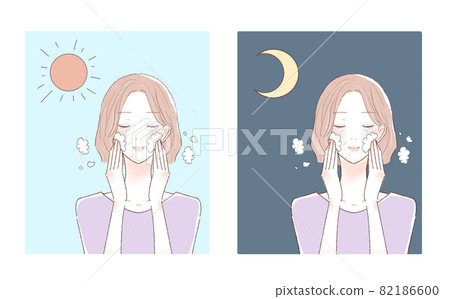 Middle-aged woman washing her face in the morning and at night Middle-aged woman washing her face in the morning and at night 82186600