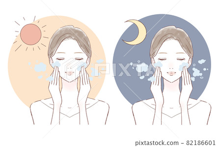 A woman washing her face in the morning and at night A woman washing her face in the morning and at night 82186601