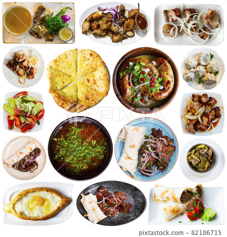 Traditional Georgian dishes over white backgorund Traditional Georgian dishes over white backgorund 82186715